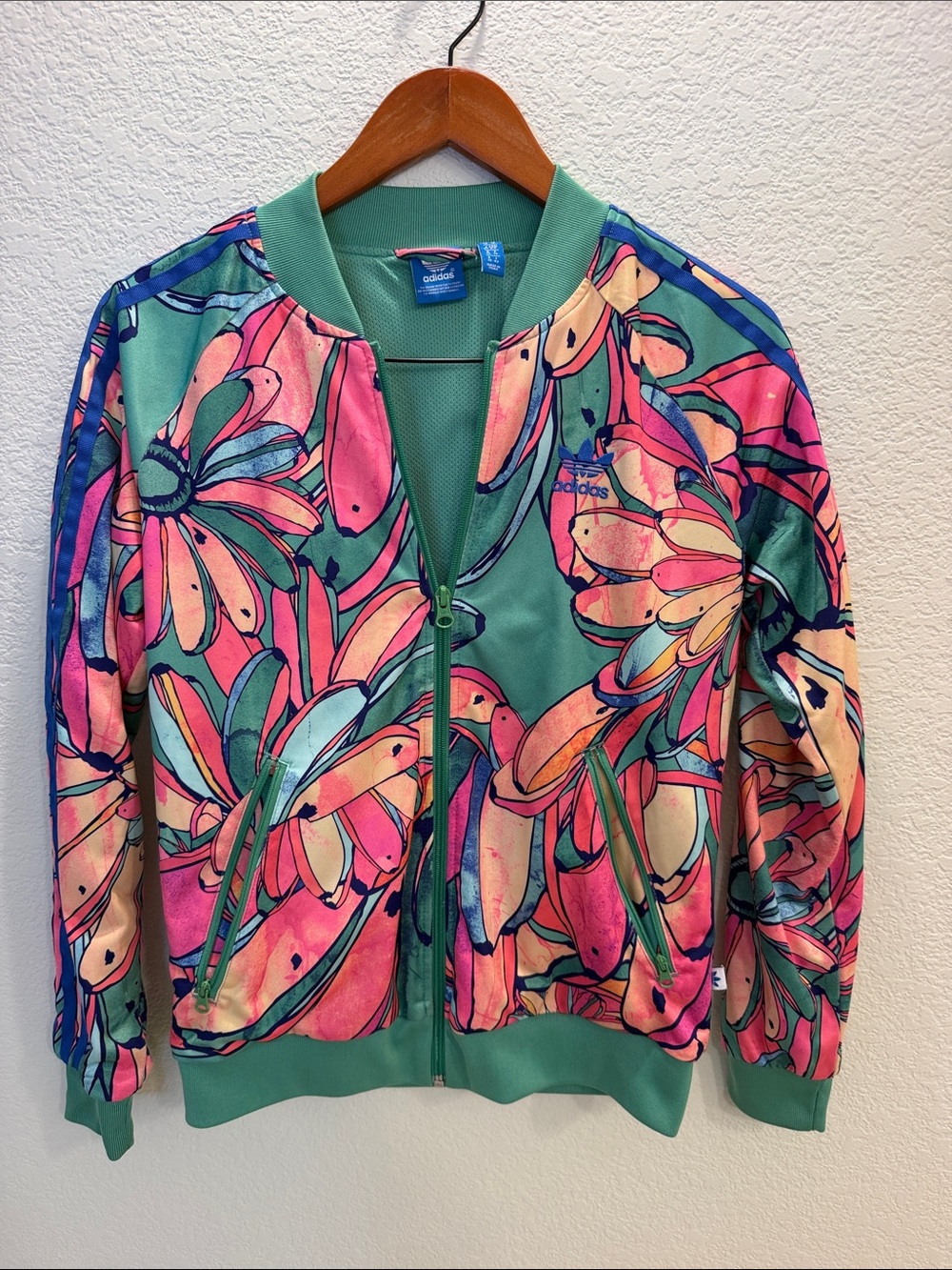 adidas Floral Print Bomber Jacket in Green, Pink & Peach